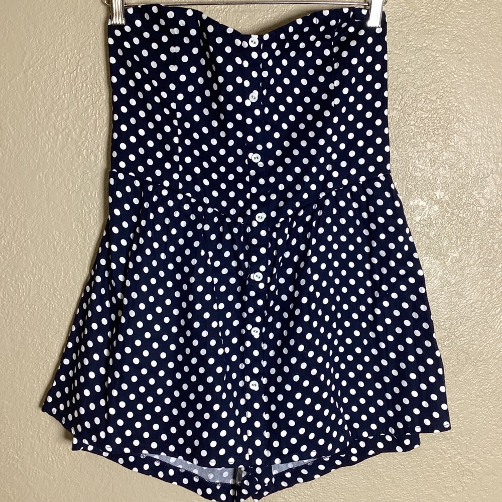 Ruby Dooby NWT Navy Blue Polka Dot Strapless Skort Romper Sweetheart Neck Size M